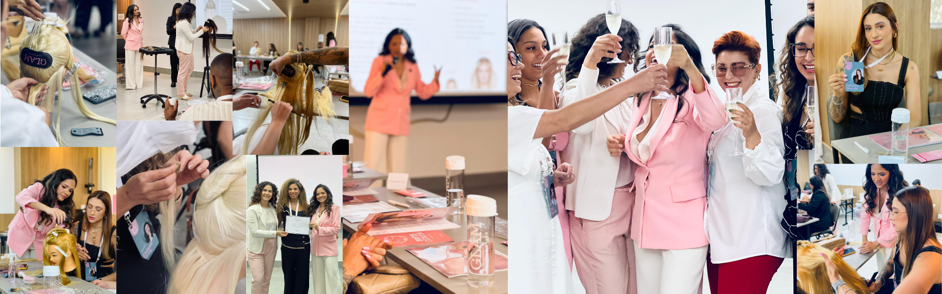 Momentos do Curso Presencial Glam — demonstrações, alunas e certificação